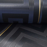 93524-4 Black Greek Key Gold Stripe Wallpaper