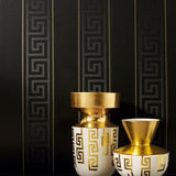 93524-4 Black Greek Key Gold Stripe Wallpaper