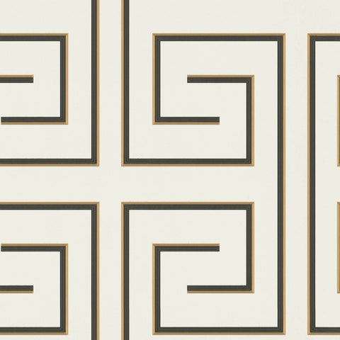 Z76001 Greek key Geometric cream off white black gold Wallpaper