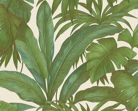 96240-5 Palm Leaf White Green Textured Wallpaper