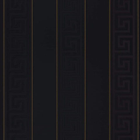 93524-4 Black Greek Key Gold Stripe Wallpaper